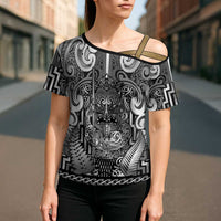 Custom New Zealand Taiaha Maori Cross Shoulder Shirt Kiwikiwi Minimalist Silver Fern Tukutuku Motif LT9 - Polynesian Pride