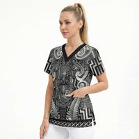 Custom New Zealand Taiaha Maori Scrub Top Kiwikiwi Minimalist Silver Fern Tukutuku Motif LT9 - Polynesian Pride