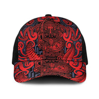 New Zealand Taiaha Maori Baseball Net Cap Whero Minimalist Silver Fern Tukutuku Motif LT9 One Size Black Red - Polynesian Pride