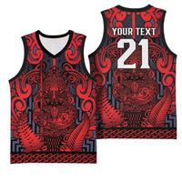 Custom New Zealand Taiaha Maori Basketball Jersey Whero Minimalist Silver Fern Tukutuku Motif LT9 - Polynesian Pride