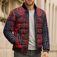 Custom New Zealand Taiaha Maori Bomber Puffer Jacket Whero Minimalist Silver Fern Tukutuku Motif LT9 - Polynesian Pride