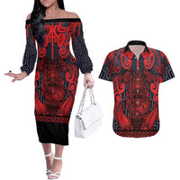 Custom New Zealand Taiaha Maori Couples Matching Off The Shoulder Long Sleeve Dress and Hawaiian Shirt Whero Minimalist Silver Fern Tukutuku Motif LT9 Red - Polynesian Pride