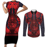Custom New Zealand Taiaha Maori Couples Matching Short Sleeve Bodycon Dress and Long Sleeve Button Shirt Whero Minimalist Silver Fern Tukutuku Motif LT9 Red - Polynesian Pride