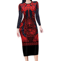 Custom New Zealand Taiaha Maori Family Matching Long Sleeve Bodycon Dress and Hawaiian Shirt Whero Minimalist Silver Fern Tukutuku Motif LT9 Mom's Dress Red - Polynesian Pride