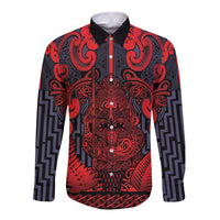 Custom New Zealand Taiaha Maori Long Sleeve Button Shirt Whero Minimalist Silver Fern Tukutuku Motif LT9 Unisex Red - Polynesian Pride