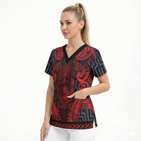 Custom New Zealand Taiaha Maori Scrub Top Whero Minimalist Silver Fern Tukutuku Motif LT9 - Polynesian Pride