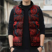 Custom New Zealand Taiaha Maori Sleeveless Puffer Jacket Whero Minimalist Silver Fern Tukutuku Motif LT9 - Polynesian Pride