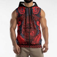 Custom New Zealand Taiaha Maori Sleeveless Zip Hoodie Whero Minimalist Silver Fern Tukutuku Motif LT9 - Polynesian Pride