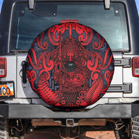 New Zealand Taiaha Maori Spare Tire Cover Whero Minimalist Silver Fern Tukutuku Motif LT9 Red - Polynesian Pride