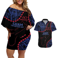 Personalized Guam 80th Anniversary Liberation Day Couples Matching Off Shoulder Short Dress and Hawaiian Shirt Guahan Basic Seal LT9 Black - Polynesian Pride