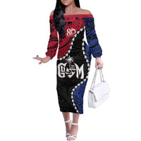 Personalized Guam 80th Anniversary Liberation Day Family Matching Off The Shoulder Long Sleeve Dress and Hawaiian Shirt Tano I Man Chamoru Since 1944 LT9 Mom's Dress Black - Polynesian Pride
