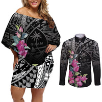 Guahan Puti Tai Nobiu Couples Matching Off Shoulder Short Dress and Long Sleeve Button Shirt Guam Bougainvillea Flower Art LT9 Black - Polynesian Pride