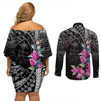 Guahan Puti Tai Nobiu Couples Matching Off Shoulder Short Dress and Long Sleeve Button Shirt Guam Bougainvillea Flower Art LT9 - Polynesian Pride