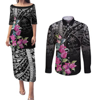 Guahan Puti Tai Nobiu Couples Matching Puletasi and Long Sleeve Button Shirt Guam Bougainvillea Flower Art LT9 Black - Polynesian Pride