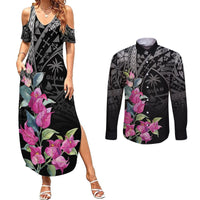 Guahan Puti Tai Nobiu Couples Matching Summer Maxi Dress and Long Sleeve Button Shirt Guam Bougainvillea Flower Art LT9 Black - Polynesian Pride