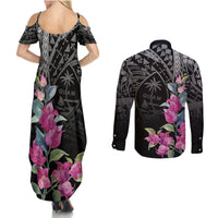 Guahan Puti Tai Nobiu Couples Matching Summer Maxi Dress and Long Sleeve Button Shirt Guam Bougainvillea Flower Art LT9 - Polynesian Pride