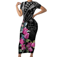 Guahan Puti Tai Nobiu Family Matching Short Sleeve Bodycon Dress and Hawaiian Shirt Guam Bougainvillea Flower Art LT9 Mom's Dress Black - Polynesian Pride