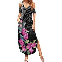 Guahan Puti Tai Nobiu Family Matching Summer Maxi Dress and Hawaiian Shirt Guam Bougainvillea Flower Art LT9 Mom's Dress Black - Polynesian Pride