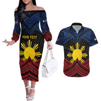 Personalized Philippines Couples Matching Off The Shoulder Long Sleeve Dress and Hawaiian Shirt Polynesian Tribal Tattoo with Filipino Flag Motif LT9 Black - Polynesian Pride
