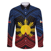 Personalized Philippines Family Matching Off Shoulder Maxi Dress and Hawaiian Shirt Polynesian Tribal Tattoo with Filipino Flag Motif LT9 Dad's Shirt - Long Sleeve Black - Polynesian Pride