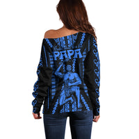Personalised Aotearoa Father's Day Gift For Dad Off Shoulder Sweater Aroha Ahau Ki A Koe Papa - Blue Maori Style Pattern LT9 - Polynesian Pride