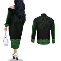New Zealand Maori Kowhaiwhai Couples Matching Off The Shoulder Long Sleeve Dress and Long Sleeve Button Shirt Kakariki Maui and Mangopare LT9 - Polynesian Pride