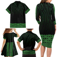 New Zealand Maori Kowhaiwhai Family Matching Long Sleeve Bodycon Dress and Hawaiian Shirt Kakariki Maui and Mangopare LT9 - Polynesian Pride