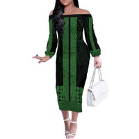 New Zealand Maori Kowhaiwhai Family Matching Off The Shoulder Long Sleeve Dress and Hawaiian Shirt Kakariki Maui and Mangopare LT9 Mom's Dress Green - Polynesian Pride