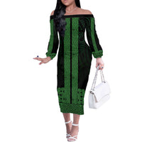 New Zealand Maori Kowhaiwhai Off The Shoulder Long Sleeve Dress Kakariki Maui and Mangopare LT9 Women Green - Polynesian Pride