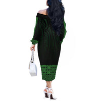 New Zealand Maori Kowhaiwhai Off The Shoulder Long Sleeve Dress Kakariki Maui and Mangopare LT9 - Polynesian Pride