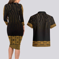 New Zealand Maori Kowhaiwhai Couples Matching Long Sleeve Bodycon Dress and Hawaiian Shirt Karaka Maui and Mangopare LT9 - Polynesian Pride