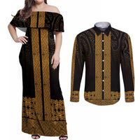 New Zealand Maori Kowhaiwhai Couples Matching Off Shoulder Maxi Dress and Long Sleeve Button Shirt Karaka Maui and Mangopare LT9 Gold - Polynesian Pride