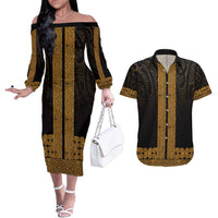 New Zealand Maori Kowhaiwhai Couples Matching Off The Shoulder Long Sleeve Dress and Hawaiian Shirt Karaka Maui and Mangopare LT9 Gold - Polynesian Pride