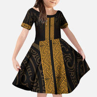 New Zealand Maori Kowhaiwhai Family Matching Off The Shoulder Long Sleeve Dress and Hawaiian Shirt Karaka Maui and Mangopare LT9 Daughter's Dress Gold - Polynesian Pride