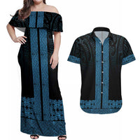New Zealand Maori Kowhaiwhai Couples Matching Off Shoulder Maxi Dress and Hawaiian Shirt Kikorangi Maui and Mangopare LT9 Blue - Polynesian Pride