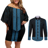 New Zealand Maori Kowhaiwhai Couples Matching Off Shoulder Short Dress and Long Sleeve Button Shirt Kikorangi Maui and Mangopare LT9 Blue - Polynesian Pride