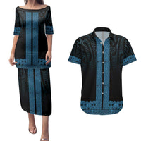New Zealand Maori Kowhaiwhai Couples Matching Puletasi and Hawaiian Shirt Kikorangi Maui and Mangopare LT9 Blue - Polynesian Pride