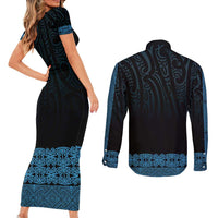 New Zealand Maori Kowhaiwhai Couples Matching Short Sleeve Bodycon Dress and Long Sleeve Button Shirt Kikorangi Maui and Mangopare LT9 - Polynesian Pride