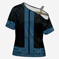New Zealand Maori Kowhaiwhai Cross Shoulder Shirt Kikorangi Maui and Mangopare LT9 Female Blue - Polynesian Pride
