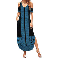 New Zealand Maori Kowhaiwhai Family Matching Summer Maxi Dress and Hawaiian Shirt Kikorangi Maui and Mangopare LT9 Mom's Dress Blue - Polynesian Pride