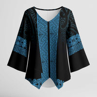 New Zealand Maori Kowhaiwhai Kimono Sleeve Blouse Kikorangi Maui and Mangopare LT9 Female Blue - Polynesian Pride