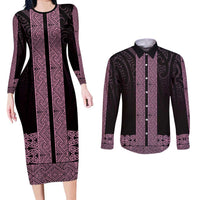 New Zealand Maori Kowhaiwhai Couples Matching Long Sleeve Bodycon Dress and Long Sleeve Button Shirt Mawhero Maui and Mangopare LT9 Pink - Polynesian Pride
