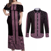 New Zealand Maori Kowhaiwhai Couples Matching Off Shoulder Maxi Dress and Long Sleeve Button Shirt Mawhero Maui and Mangopare LT9 Pink - Polynesian Pride