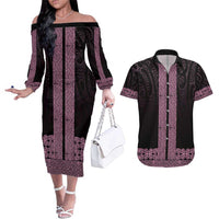 New Zealand Maori Kowhaiwhai Couples Matching Off The Shoulder Long Sleeve Dress and Hawaiian Shirt Mawhero Maui and Mangopare LT9 Pink - Polynesian Pride