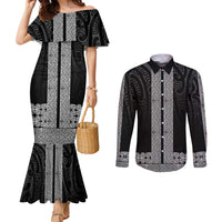 New Zealand Maori Kowhaiwhai Couples Matching Mermaid Dress and Long Sleeve Button Shirt Pango Maui and Mangopare LT9 Black - Polynesian Pride