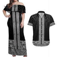 New Zealand Maori Kowhaiwhai Couples Matching Off Shoulder Maxi Dress and Hawaiian Shirt Pango Maui and Mangopare LT9 Black - Polynesian Pride
