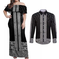 New Zealand Maori Kowhaiwhai Couples Matching Off Shoulder Maxi Dress and Long Sleeve Button Shirt Pango Maui and Mangopare LT9 Black - Polynesian Pride