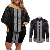 New Zealand Maori Kowhaiwhai Couples Matching Off Shoulder Short Dress and Long Sleeve Button Shirt Pango Maui and Mangopare LT9 Black - Polynesian Pride