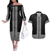 New Zealand Maori Kowhaiwhai Couples Matching Off The Shoulder Long Sleeve Dress and Hawaiian Shirt Pango Maui and Mangopare LT9 Black - Polynesian Pride