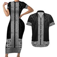 New Zealand Maori Kowhaiwhai Couples Matching Short Sleeve Bodycon Dress and Hawaiian Shirt Pango Maui and Mangopare LT9 Black - Polynesian Pride